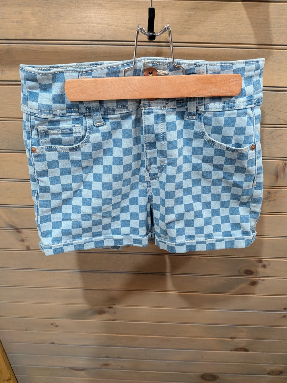 No Boundaries Light Blue Checkered Jean Shorts